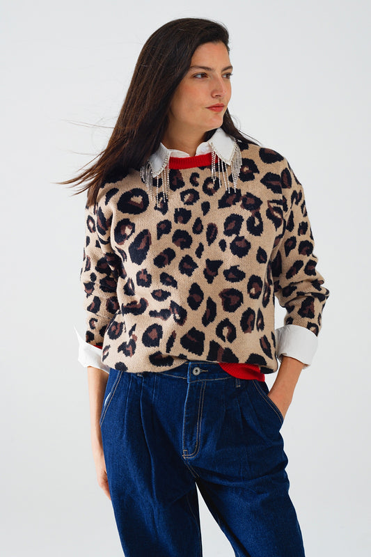 Q2 Suéter de leopardo con detalle rojo en el cuello y las mangas
