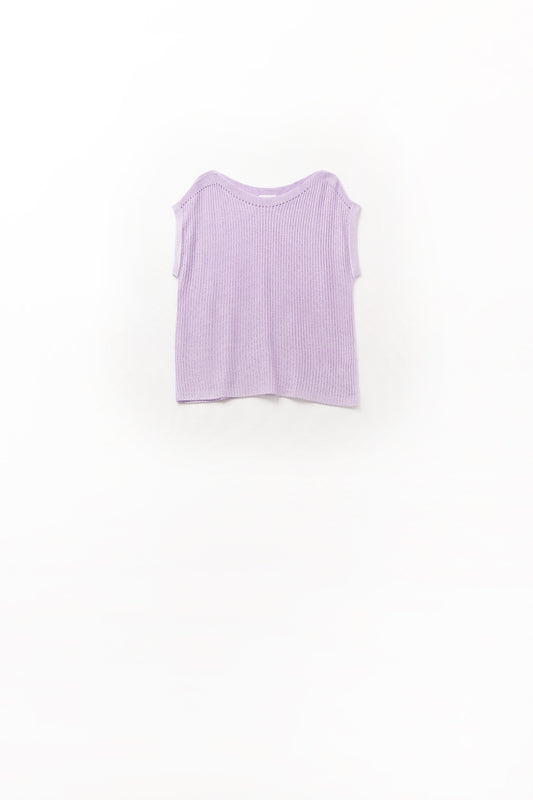 Q2 Suéter de malla color lila con cuello barco y mangas caídas