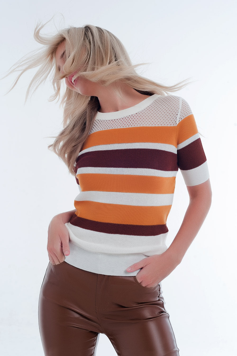 Sueter de punto calado a rayas color mostaza Q2
