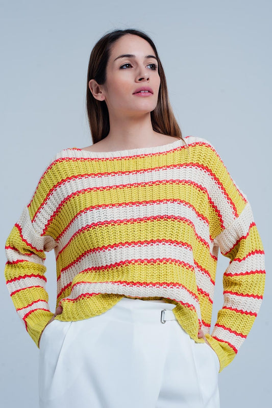 Q2 Sueter de rayas en Amarillo con escote amplio