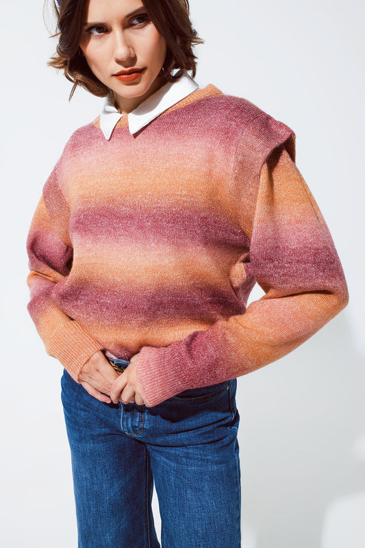 Q2 Suéter en diseño degradado naranja y rojo con cuello redondo y detalles en las mangas