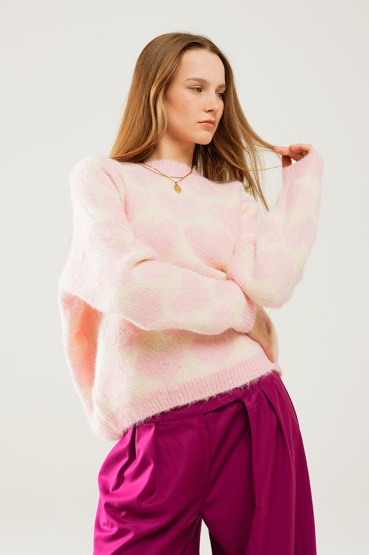 Q2 Suéter extragrande súper suave en color crema con corazones rosas por todas partes