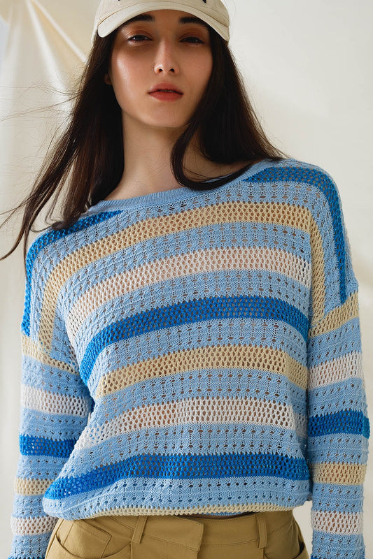 Q2 Suéter Multicolor Azul De Manga Larga Con Cuello Barco