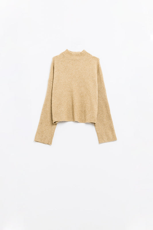 Q2 suéter relajado beige de canalé y cuello alto