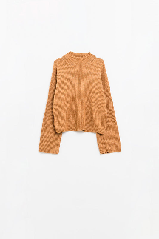 suéter relajado camel de canalé y cuello alto Q2