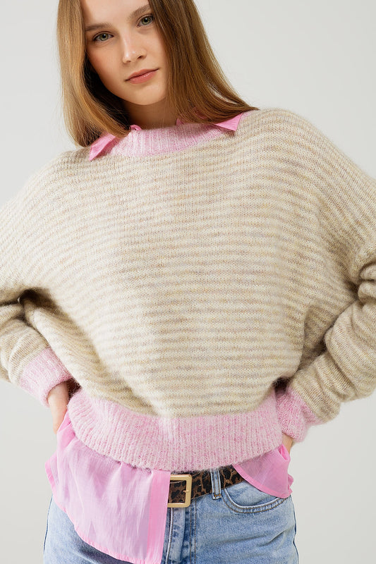 Q2 Suéter relajado de rayas en color beige con detalles en rosa