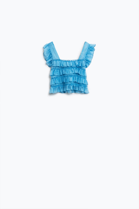 Q2 Top azul sin mangas con diseño fruncido