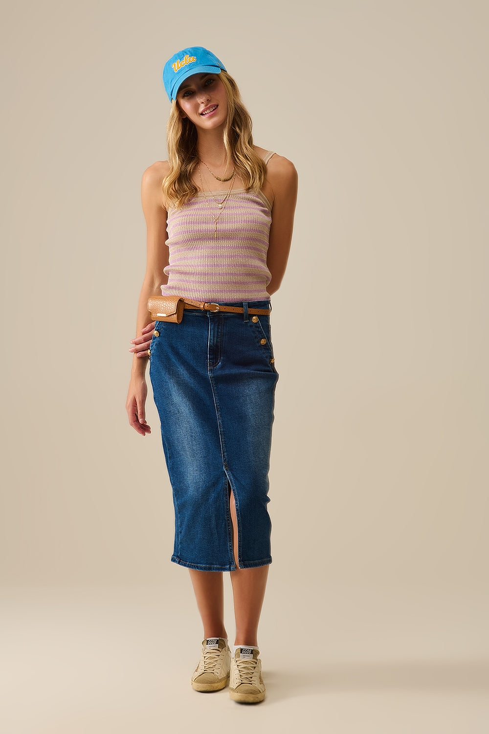 top beige con tirantes y rayas lilas Q2