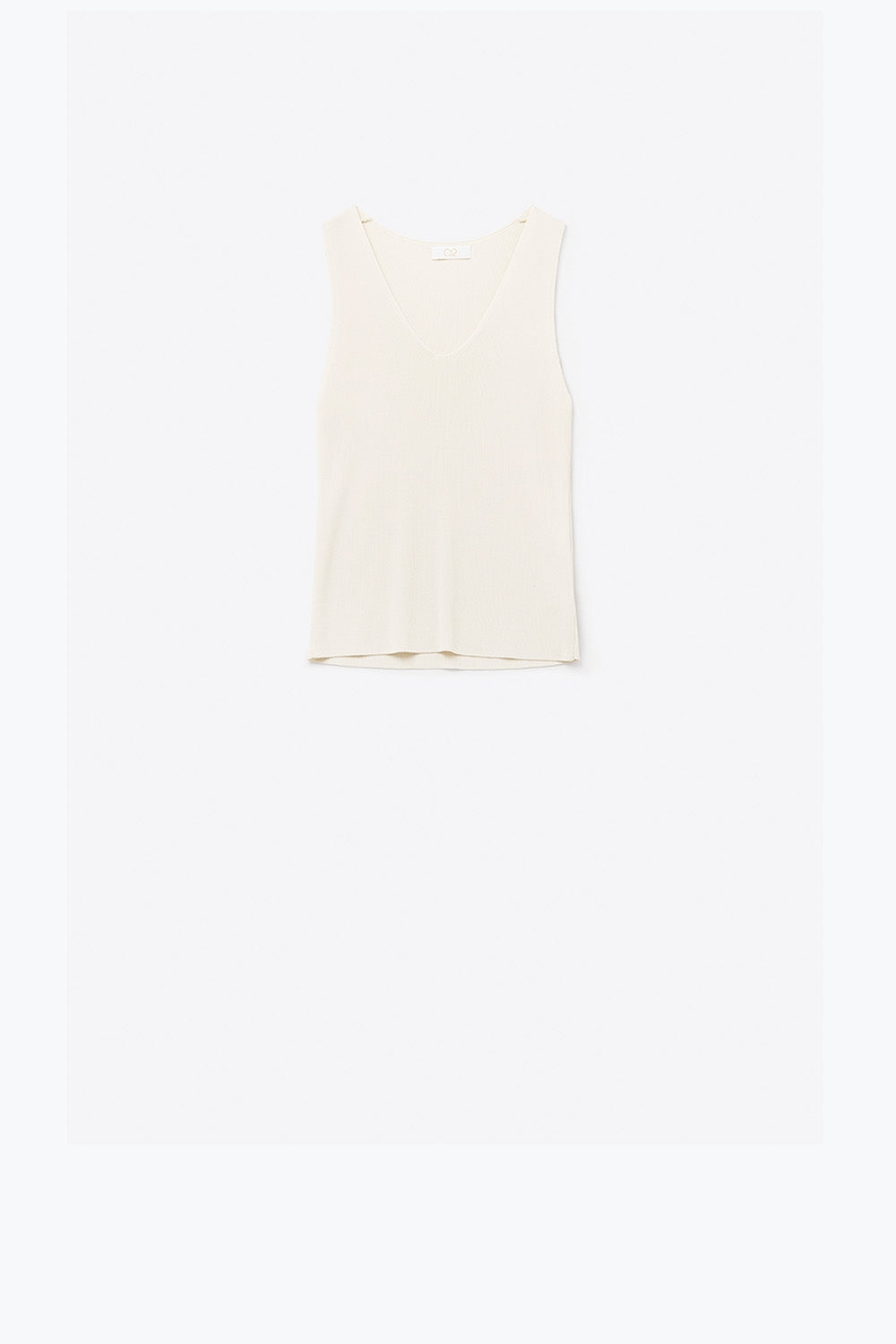 Top beige sin mangas de punto fino con cuello en V Q2