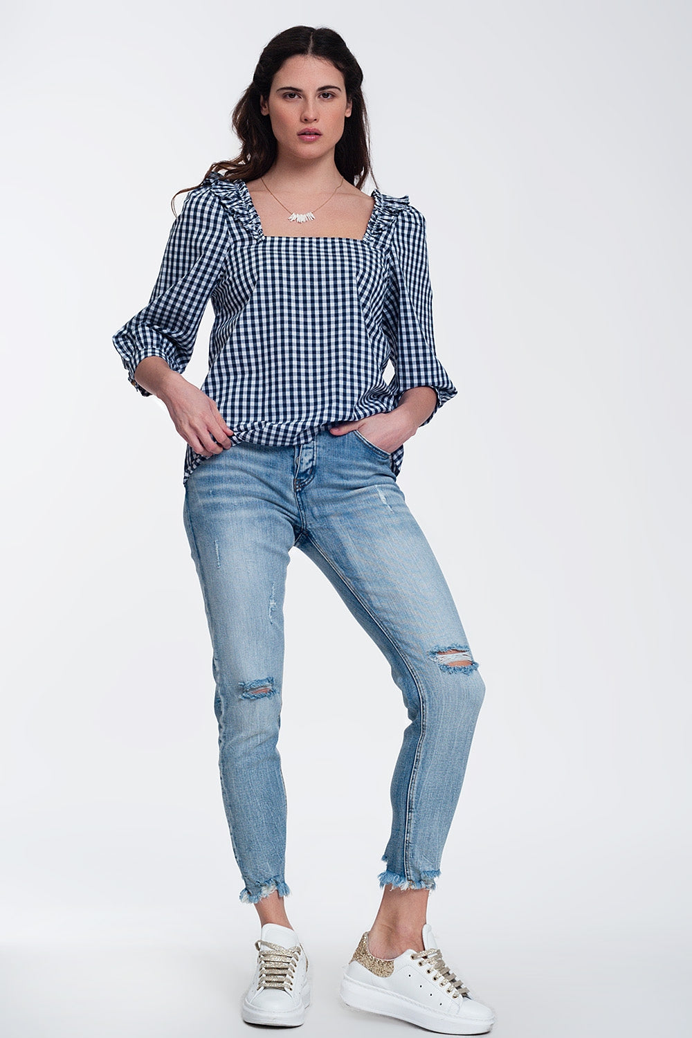 Top con cuello cuadrado y cuadros Vichy en azul marino Q2