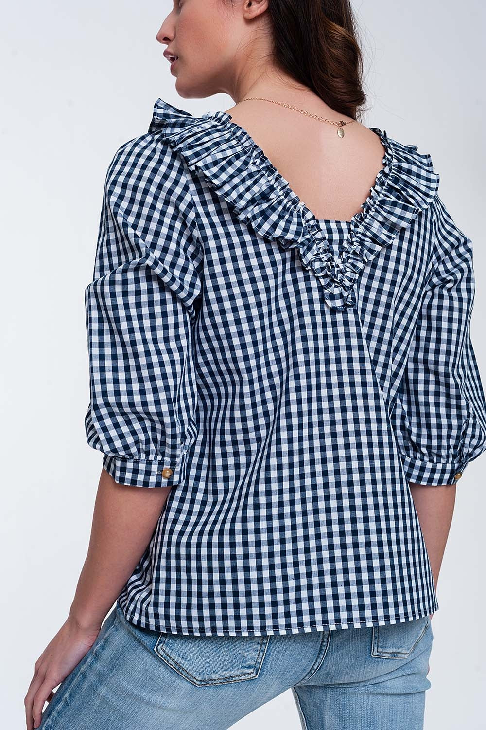 Top con cuello cuadrado y cuadros Vichy en azul marino Q2