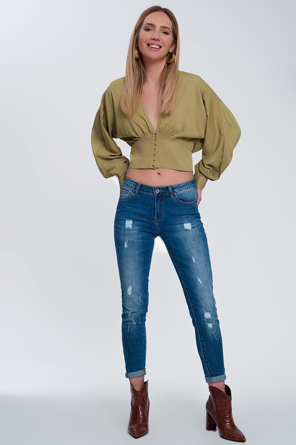 Top con mangas abombadas en verde Q2