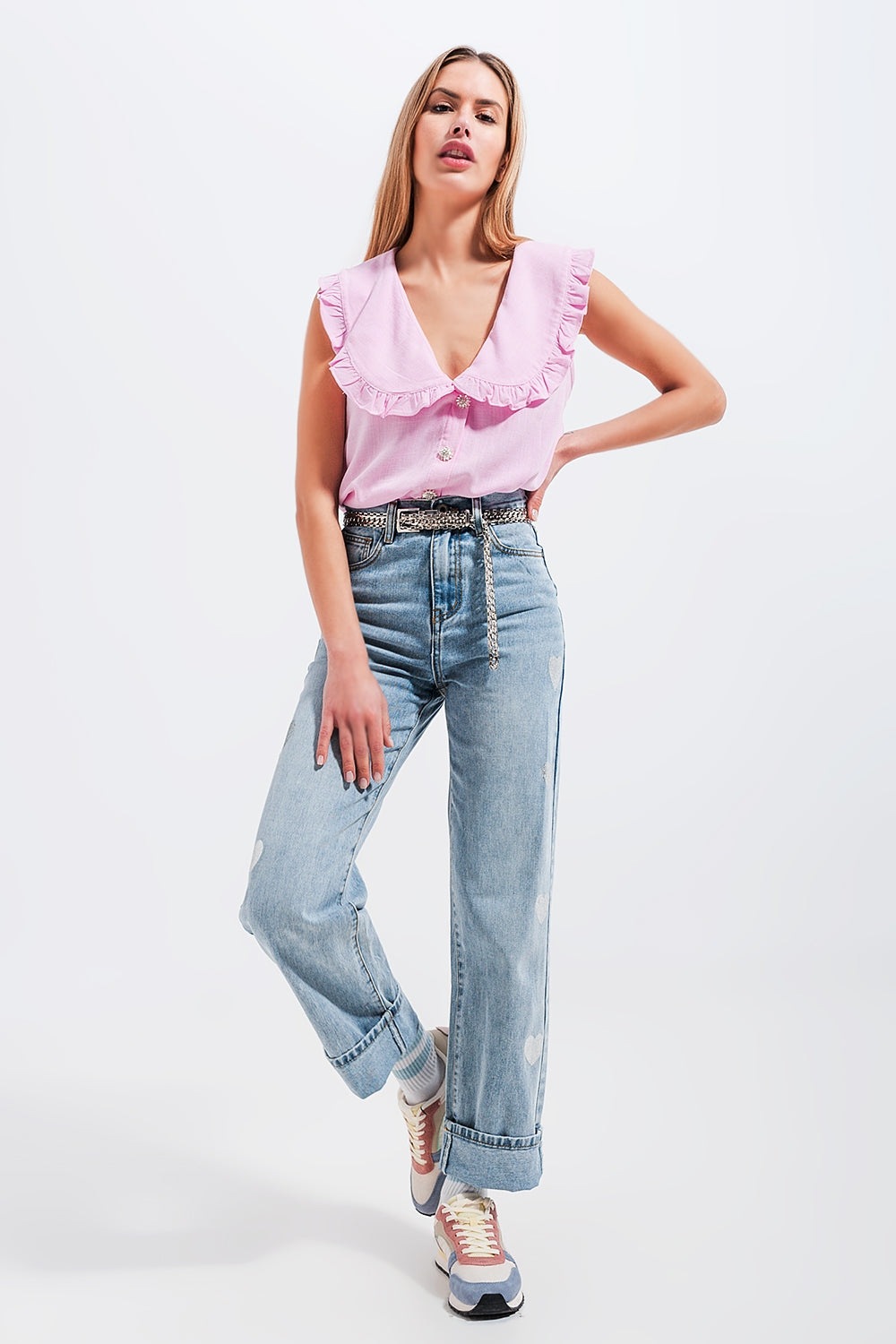 Top corto de corte amplio con cuello tipo babero rosa Q2