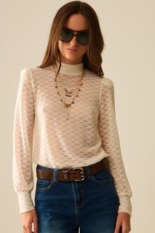 Q2 Top de Cuello Alto de Encaje Transparente Beige con Hombros Abullonados