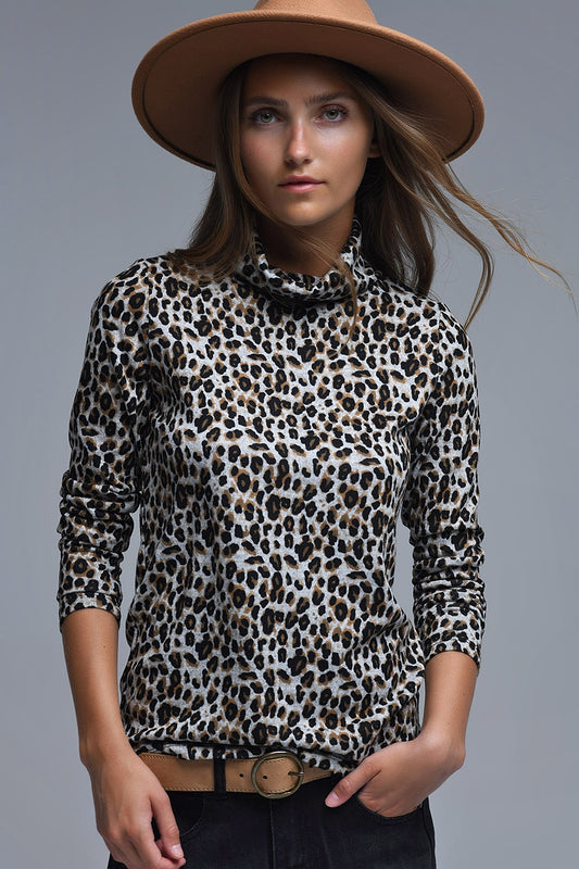 Q2 Top de cuello alto y manga larga con estampado de leopardo marrón