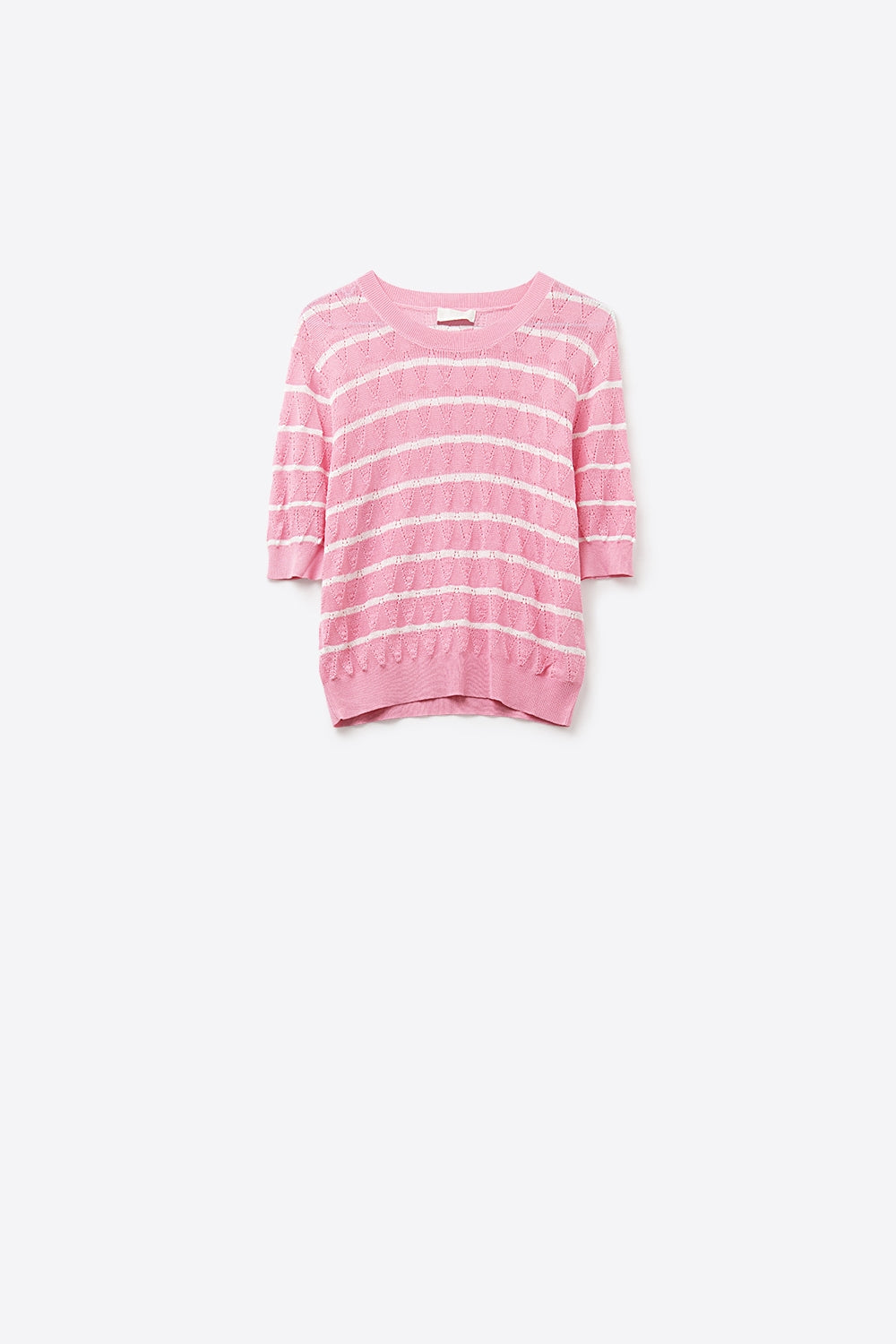 Top de punto calado rosa con mangas cortas y rayas blancas Q2