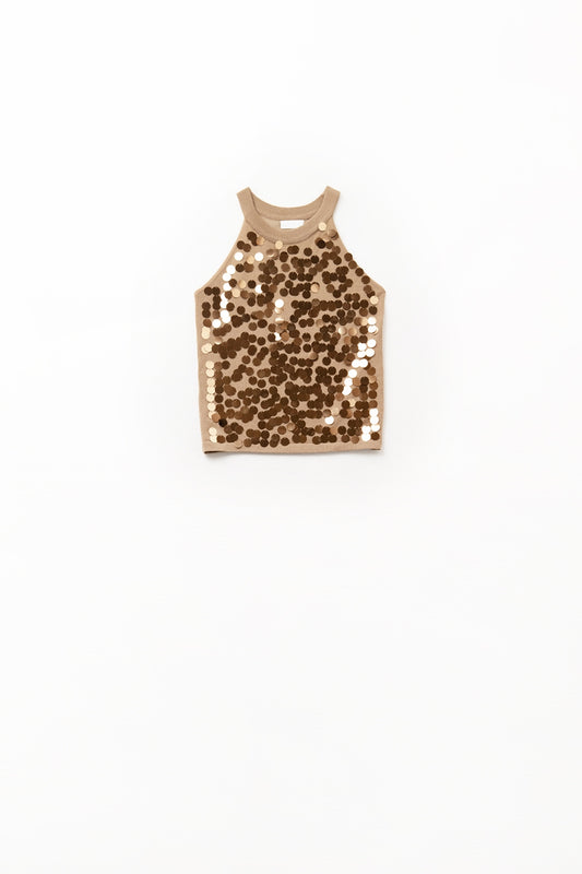 Q2 Top de punto camel con detalle de lentejuelas