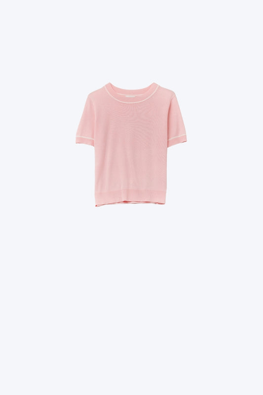 Q2 Top de punto rosa claro de manga corta con ribetes blancos en contraste