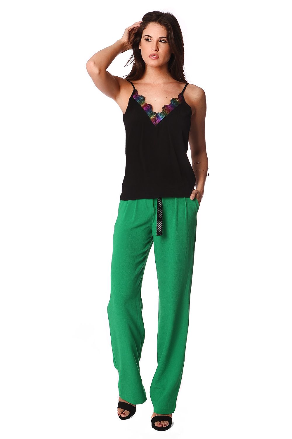 Top de tirantes negro con detalle de rejilla multicolor Q2