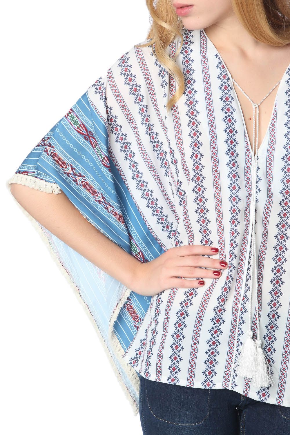 Top extragrande estilo poncho con estampado tribal azul Q2
