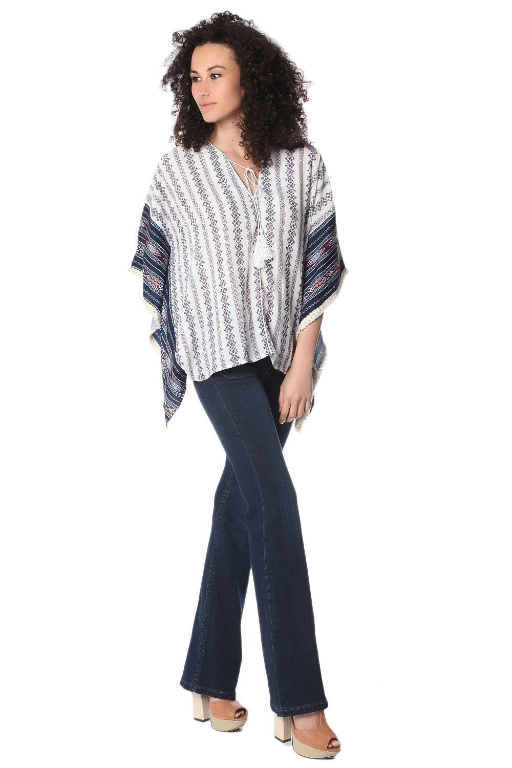 Top extragrande estilo poncho con estampado tribal marino Q2