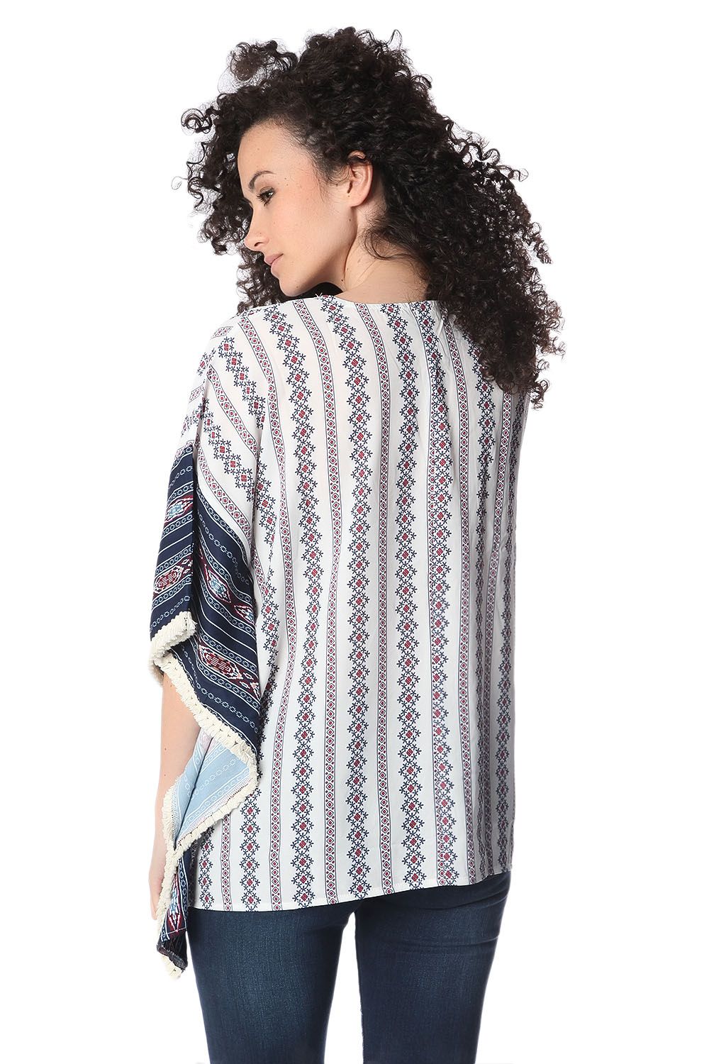 Top extragrande estilo poncho con estampado tribal marino Q2