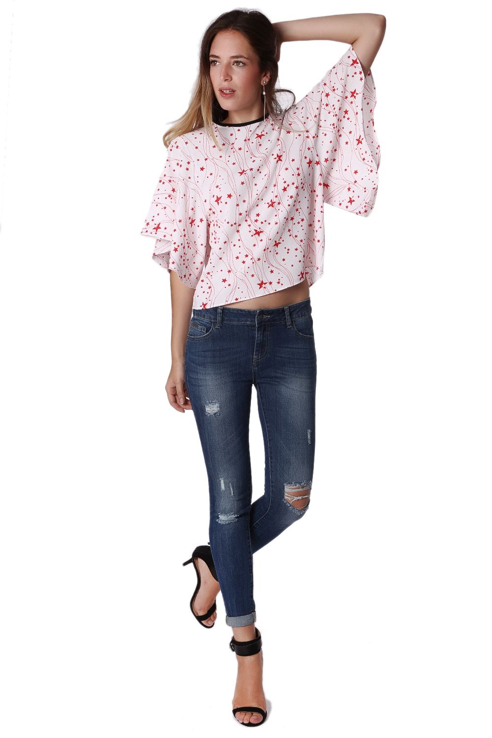 Top holgado con manga de ángel y estampado de estrellas negras Q2