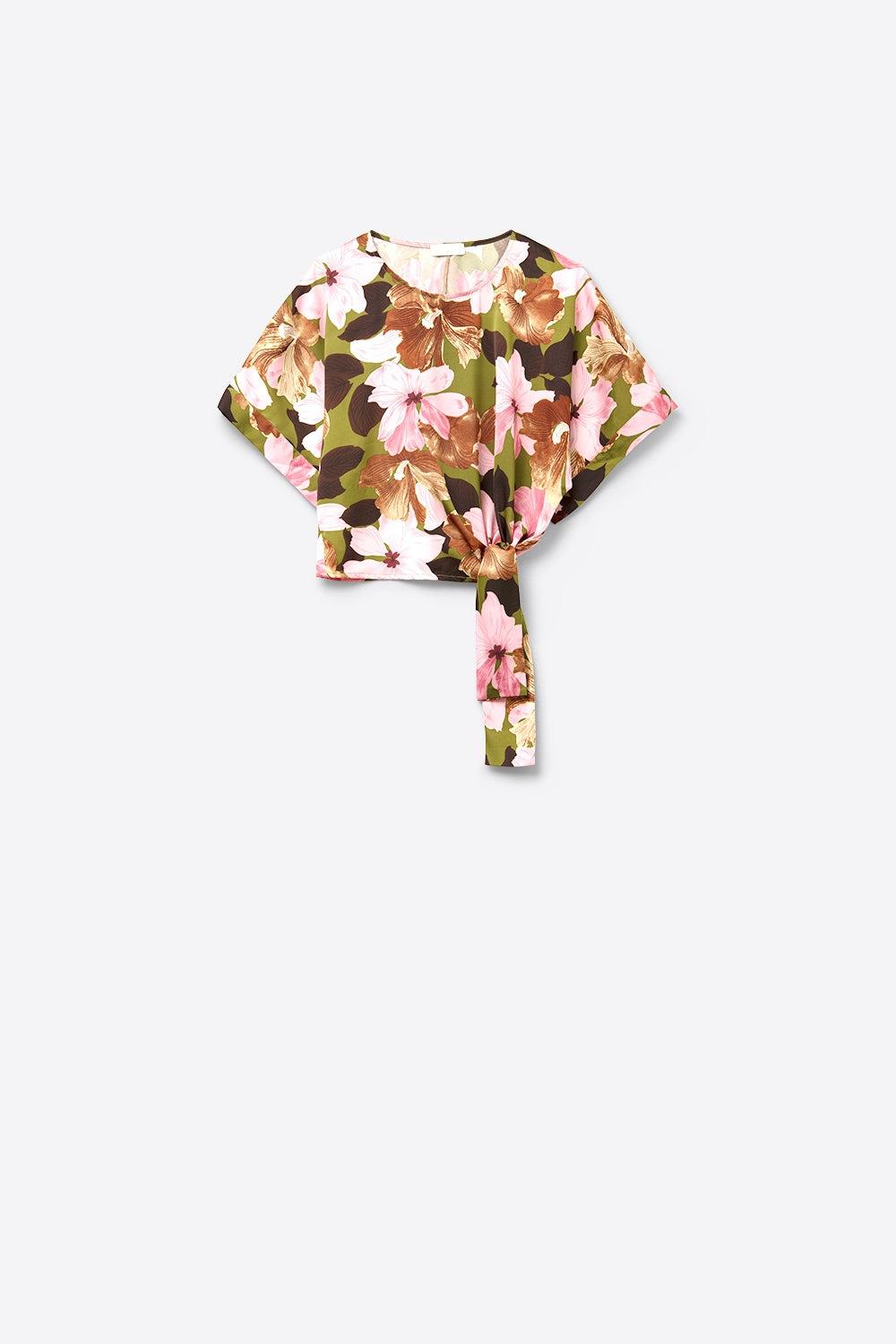 Top nudo floral con fondo verde en tejido satinado Q2