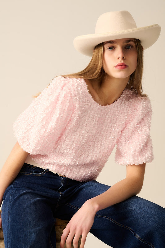 Q2 Top rosa con detalle de lentejuelas y mangas globo