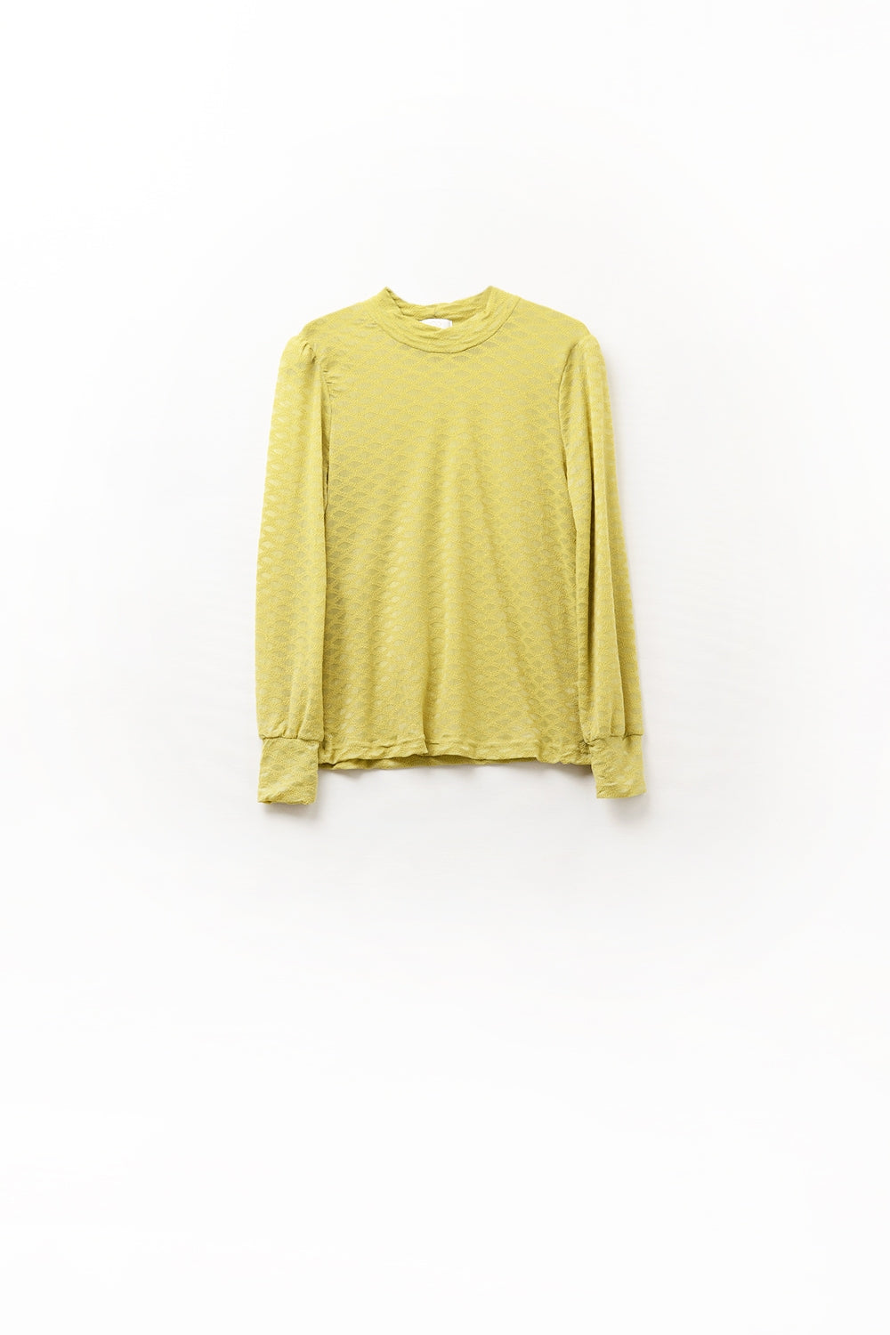 Q2 top verde de encaje con cuello alto y detalle de puños