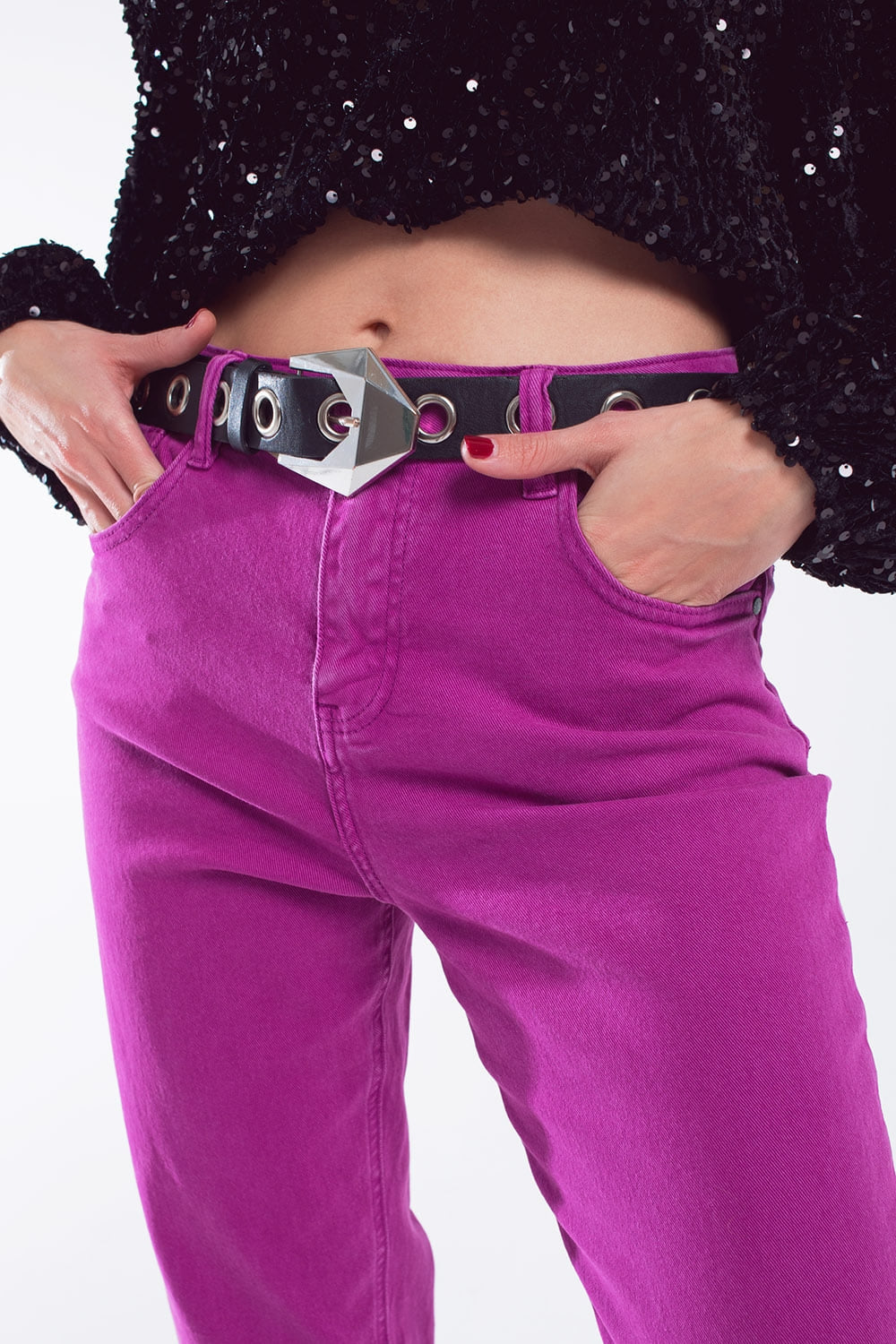 Vaquero slouchy de algodón de talle medio en magenta Q2