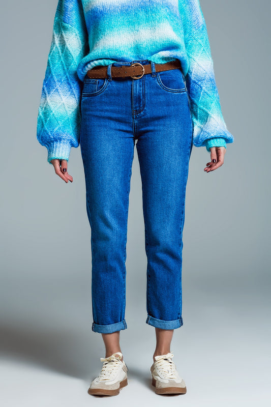 Q2 Vaqueros ajustados básicos de denim elástico en lavado medio