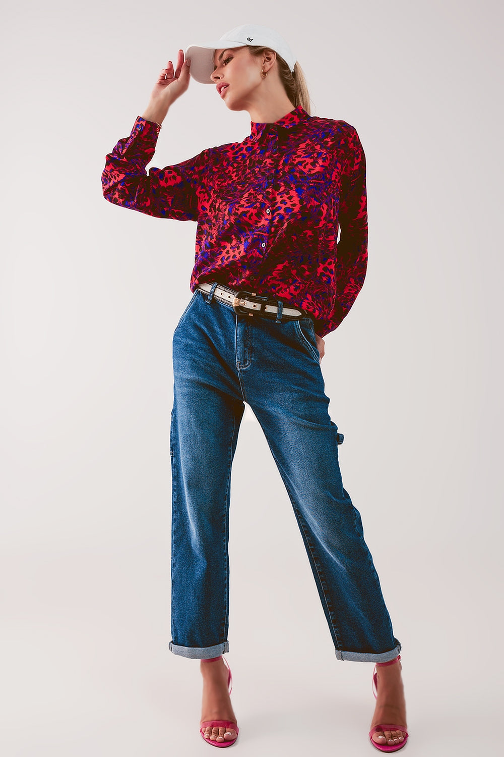 Vaqueros boyfriend azul de talle alto de algodón Q2