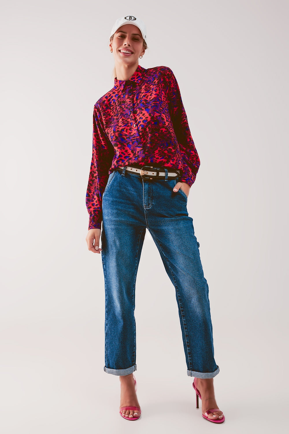 Vaqueros boyfriend azul de talle alto de algodón Q2