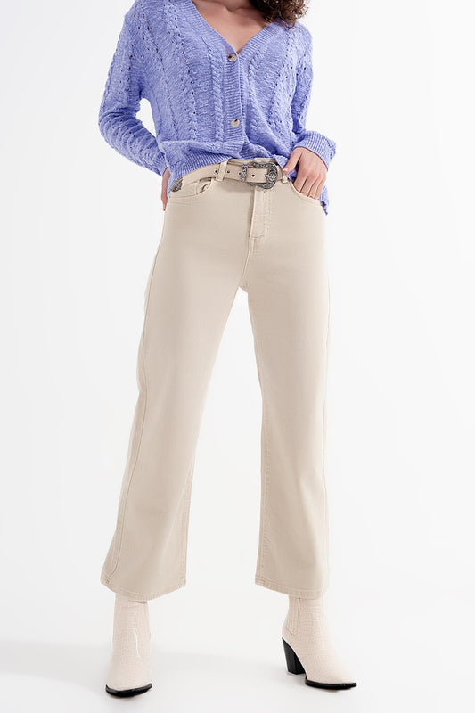 Q2 Vaqueros capri color beige de pernera ancha