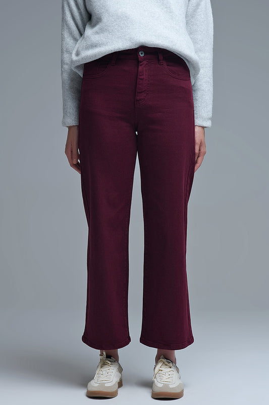 Q2 Vaqueros cropped wide leg en burdeos