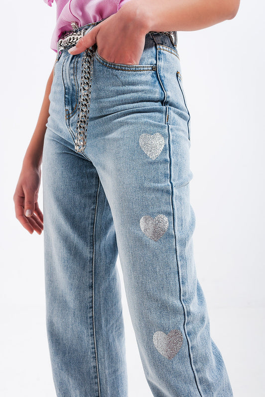 Q2 Vaqueros holgados con estampado de corazones estilo años 90