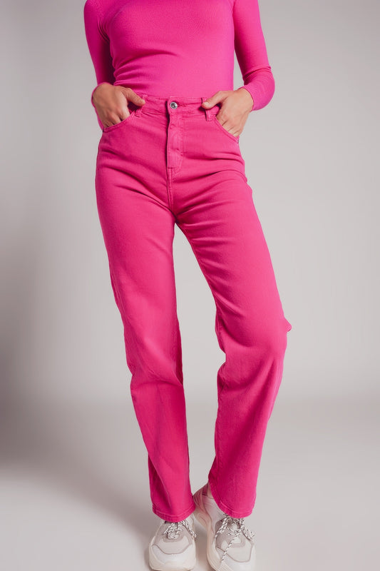 Q2 Vaqueros mom fucsia de tiro alto y corte holgado