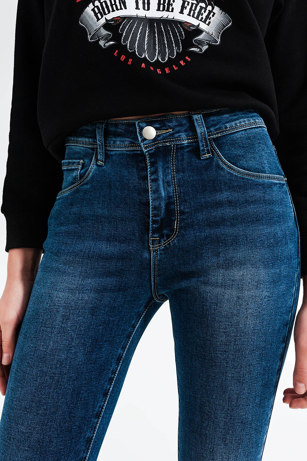 Vaqueros skinny con lavado azul medio de talle alto Q2
