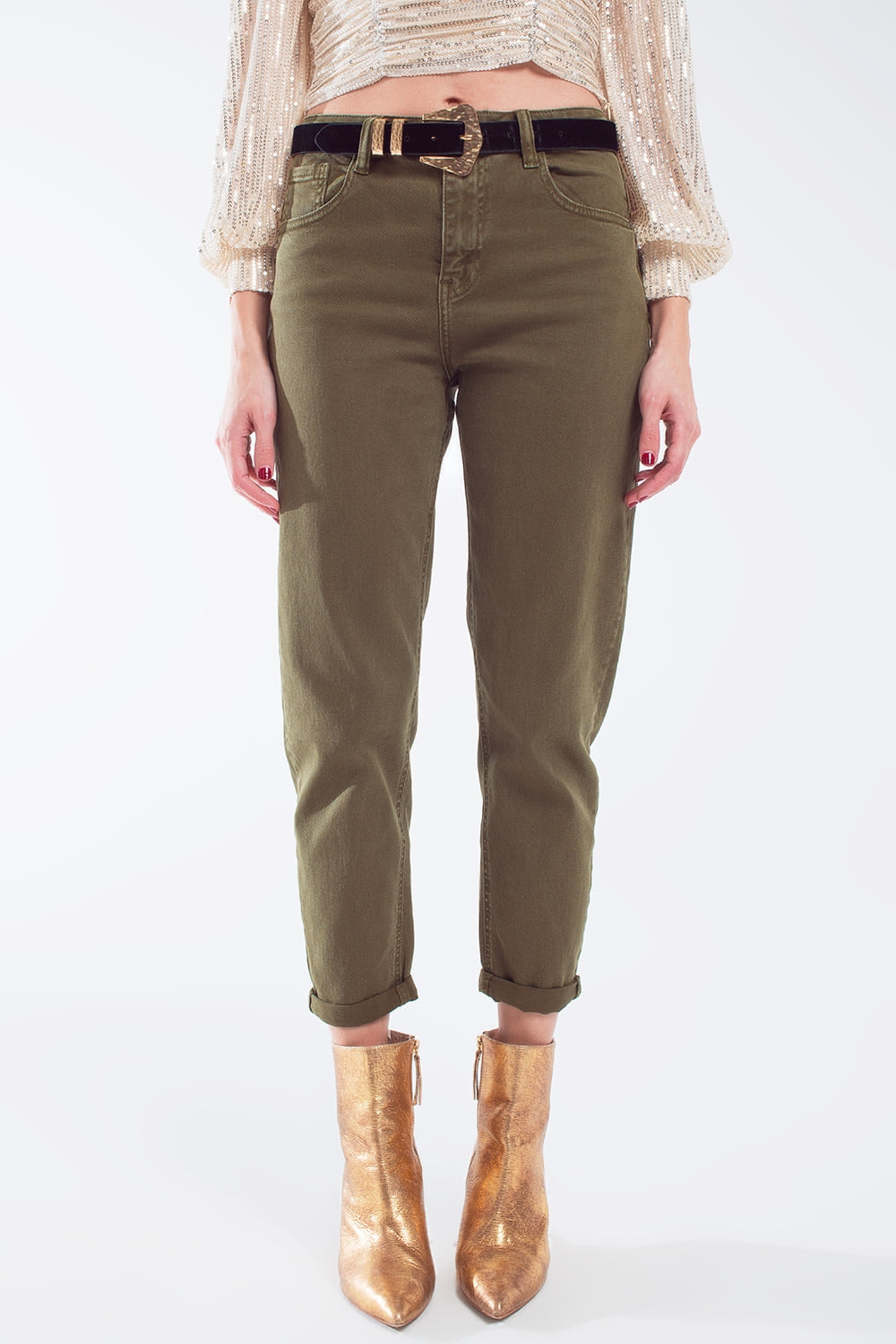 Q2 Vaqueros slouchy de algodón de talle medio en khaki sepia