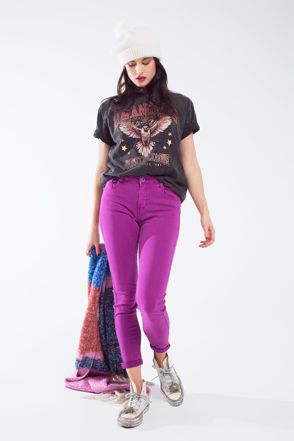 Vaqueros super ajustados tobilleros fucsia con suaves arrugas Q2