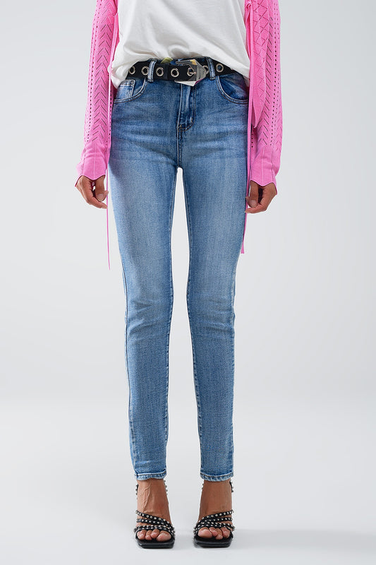 Q2 Vaqueros super skinny de talle alto en azul vintage lavado a la piedra