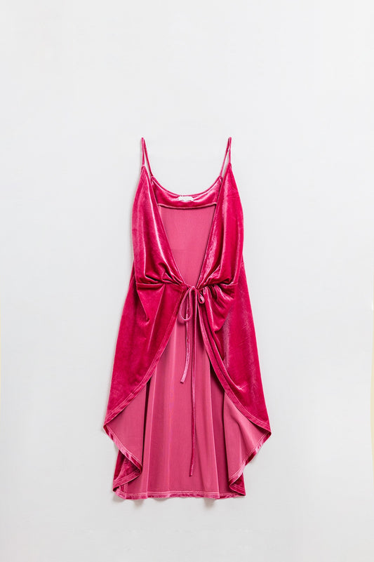Q2 Vestido a capas de terciopelo fucsia con detalle de lazo