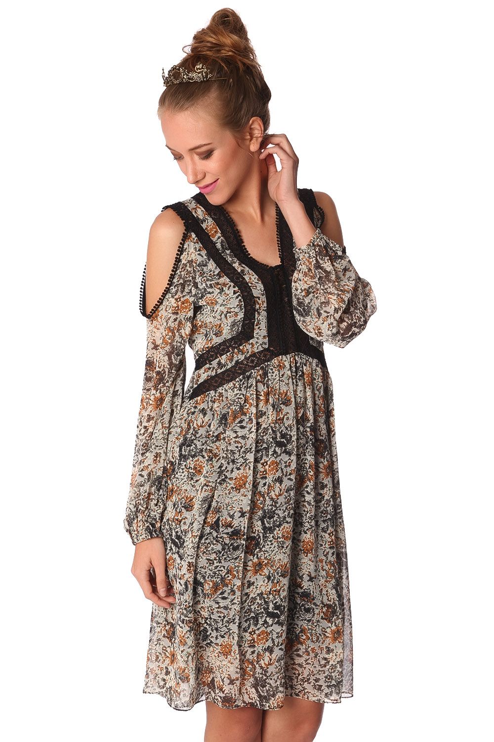 Q2 Vestido a media pierna con estampado floral azul y aplicaciones de croché
