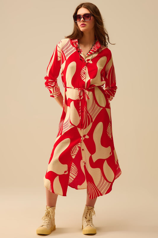 Q2 vestido abotonado con estampado abstracto en rojo
