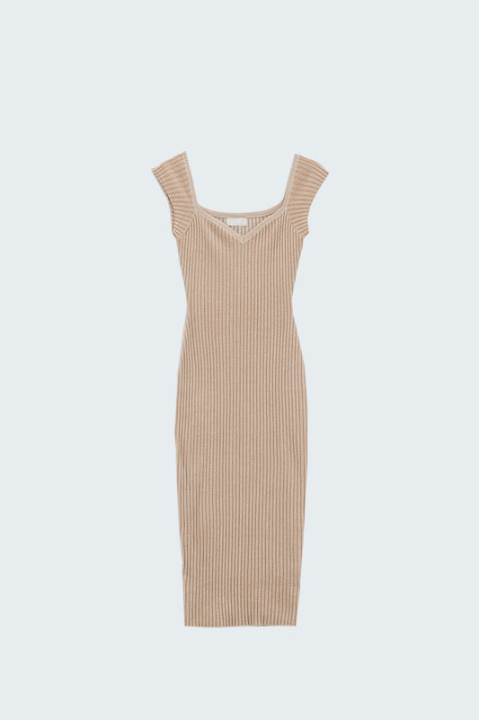 Q2 Vestido ajustado color beige midi con canalé grueso y mangas cortas tipo cap