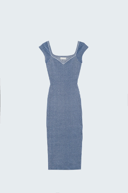 Q2 Vestido azul midi ajustado de canalé grueso con mangas cortas