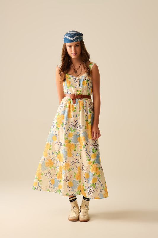 Q2 vestido blanco maxi sin tirantes con estampado de limones