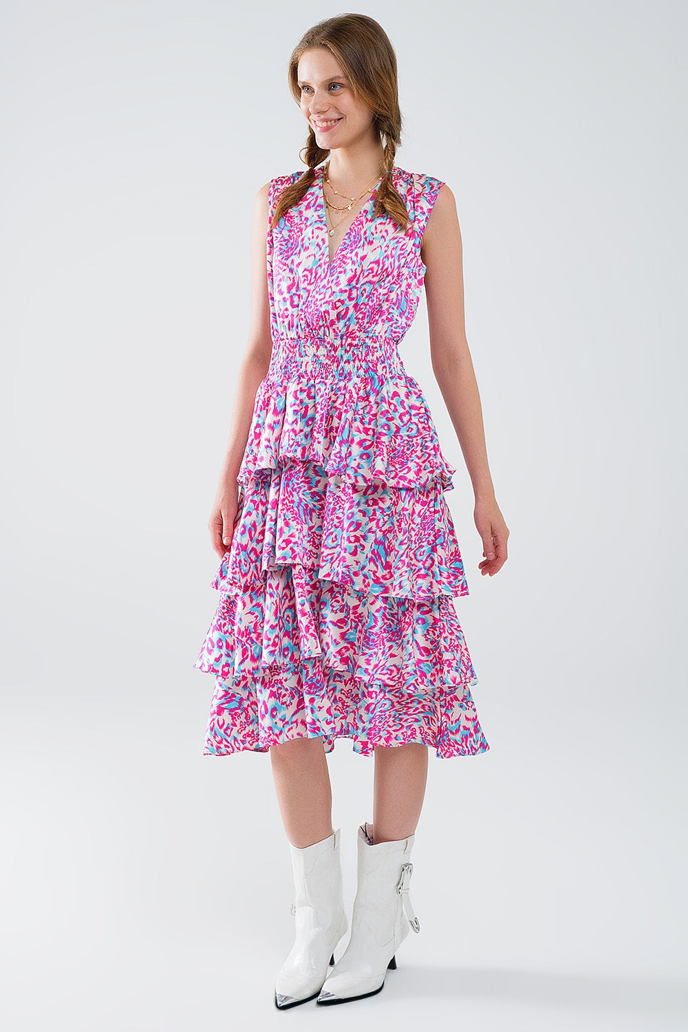 Vestido blanco midi fruncido con estampado animal multicolor Q2