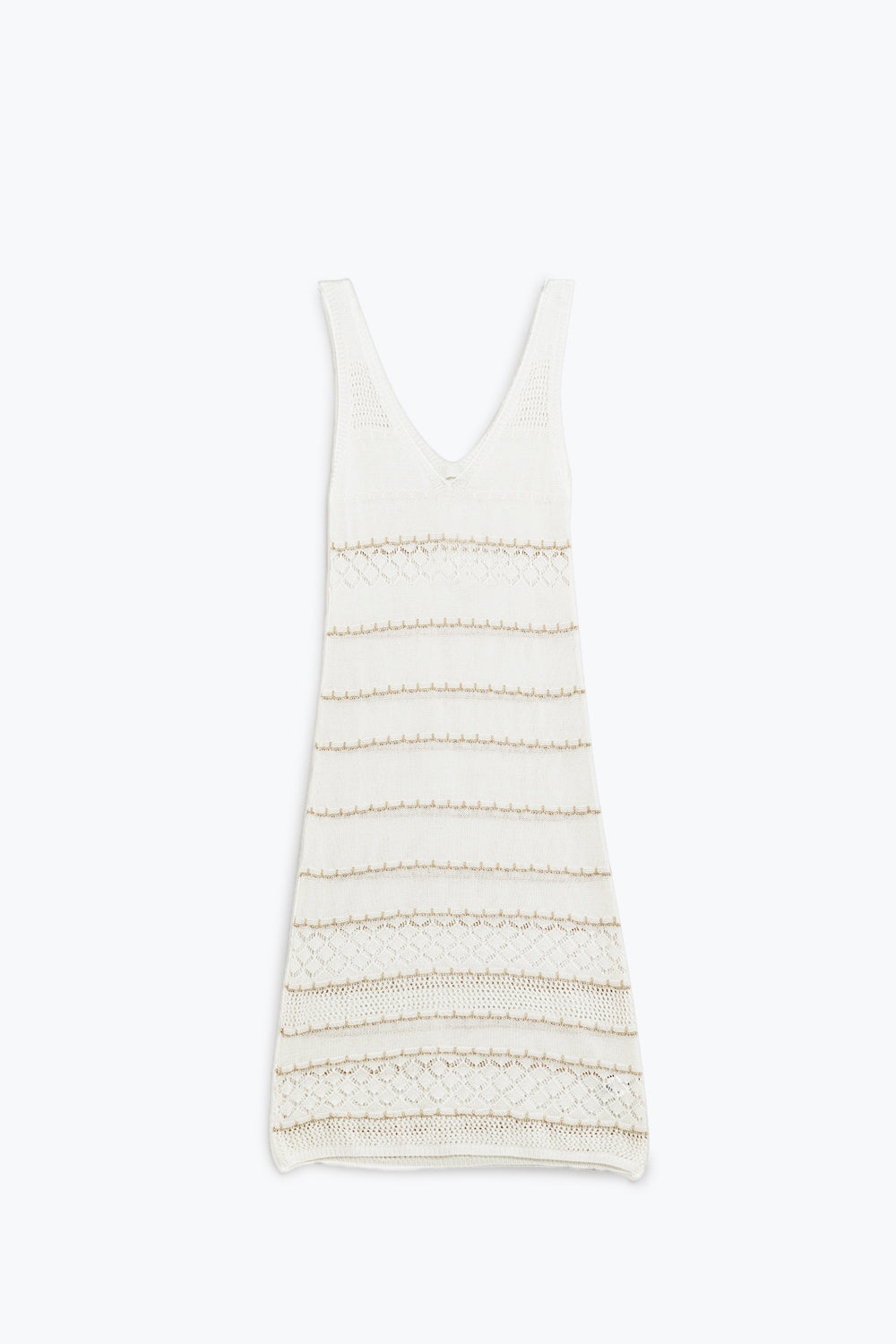 Q2 Vestido blanco midi sin mangas con escote en pico y diseño de ganchillo